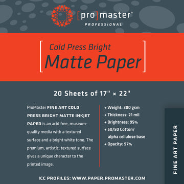 Fine Art Cold Press Bright Matte Paper 17%22x22%22-20 Sheets